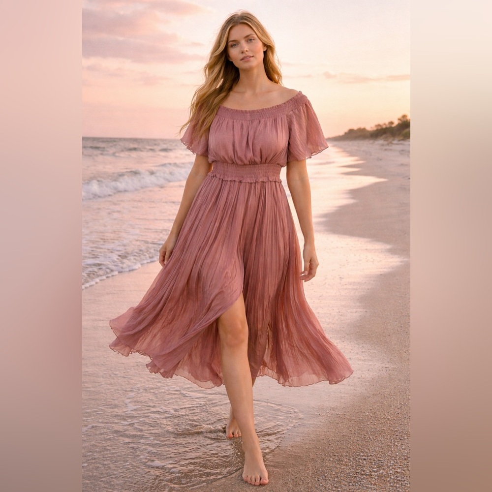 ASOS Design Dusty Rose Off-Shoulder Maxi Dress | Boho Beach Size US 12 [000372]